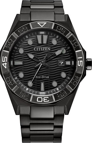萬年鐘錶 - Citizen 星辰錶 全黑款波浪紋面盤光動能男錶 AW1855-52E  錶徑42MM