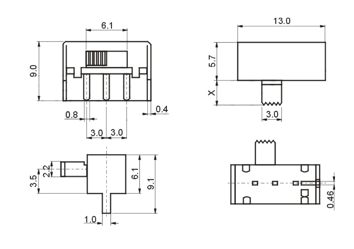 SK12F14,滑動開關,尺寸規格