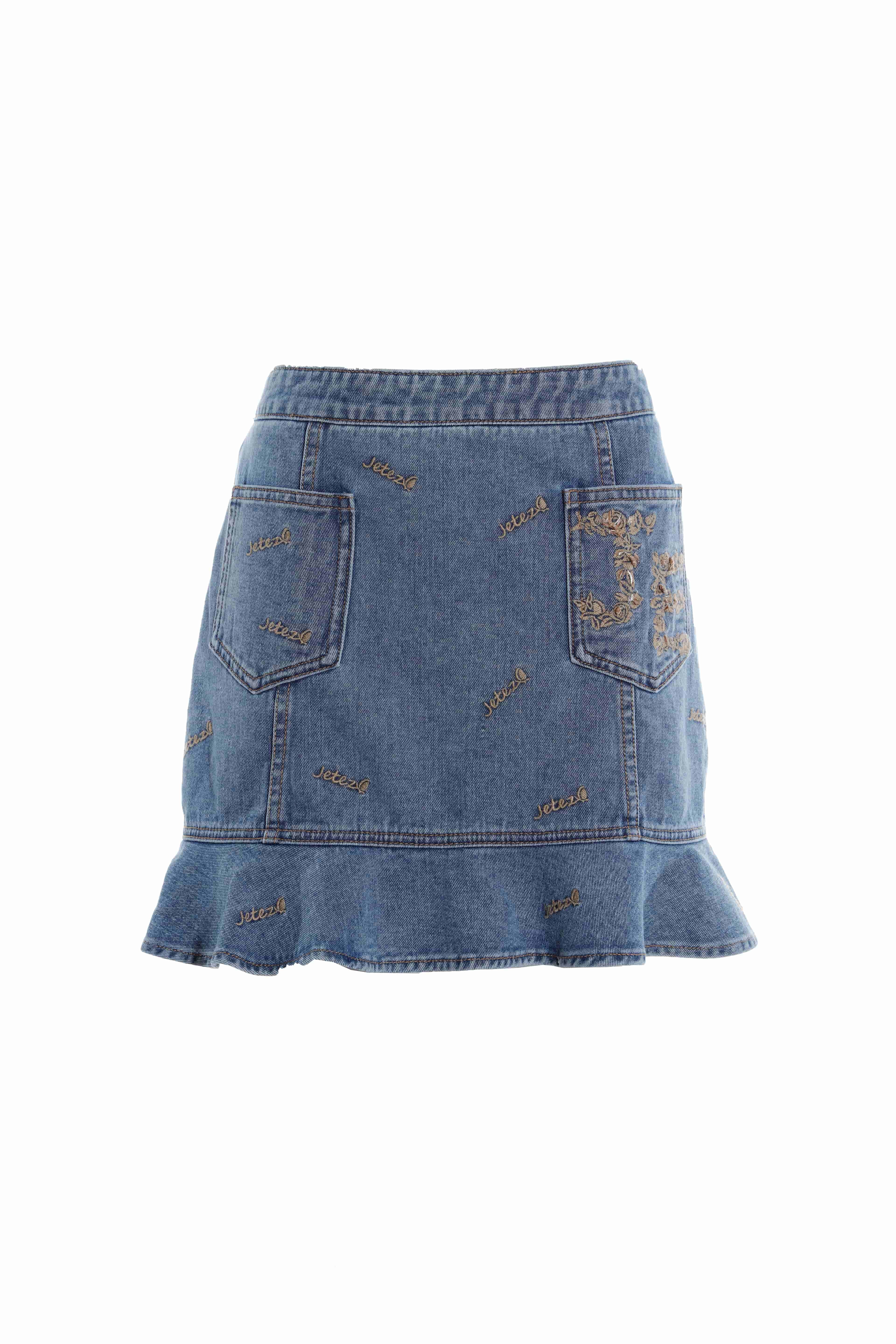 BC1EC302C1 天空之城綉花荷包廓型牛仔裙