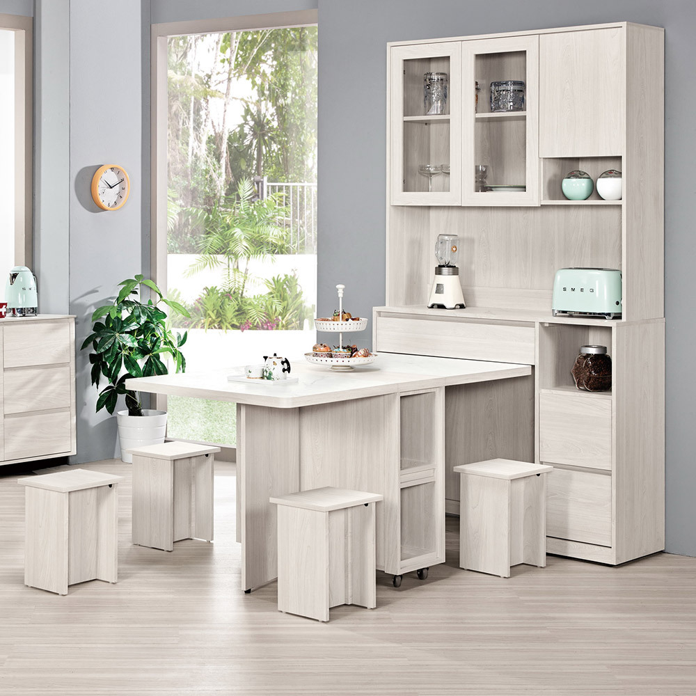 奧菲3.9尺仿石面多功能組合L型餐櫃餐桌/伸縮折疊餐桌中島櫃(收納高電器餐櫃+折合餐桌+椅凳四入)