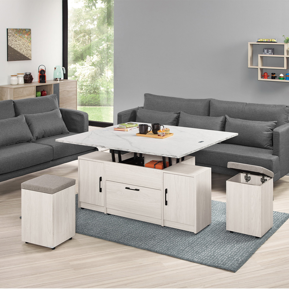 柏倫4尺多功能升降仿石面大茶几/餐桌-折疊大桌面+附收納小椅凳二入