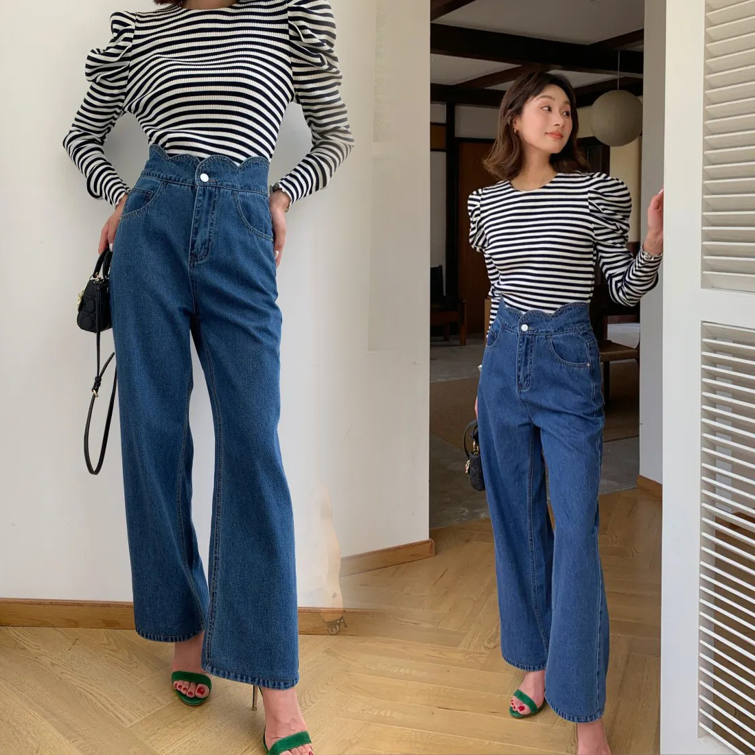 甜美感腰頭花瓣滾邊高腰直筒牛仔褲-S-L (Elegant & Love)