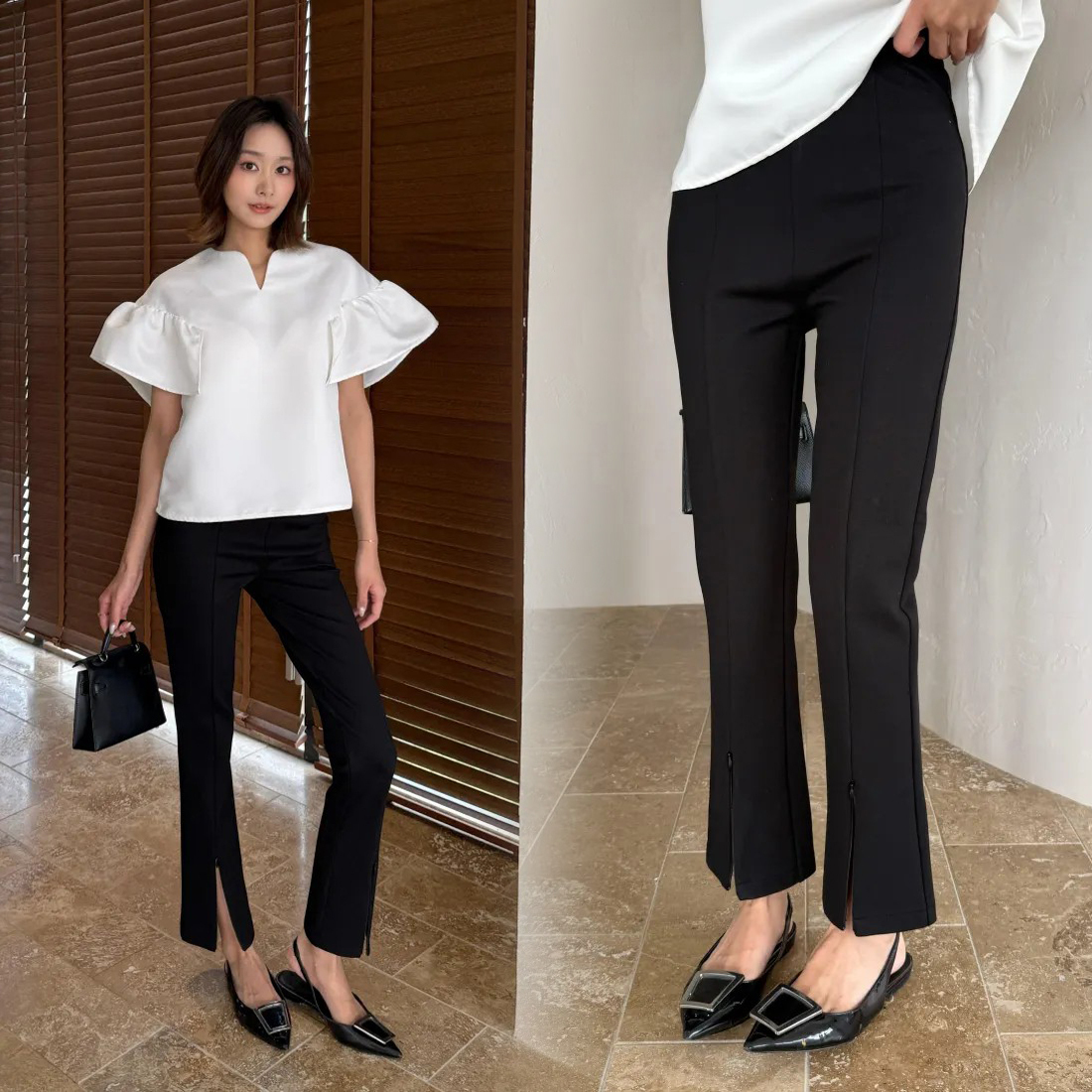 經典黑下擺開衩造型九分西裝褲-S-L (Elegant & Love)