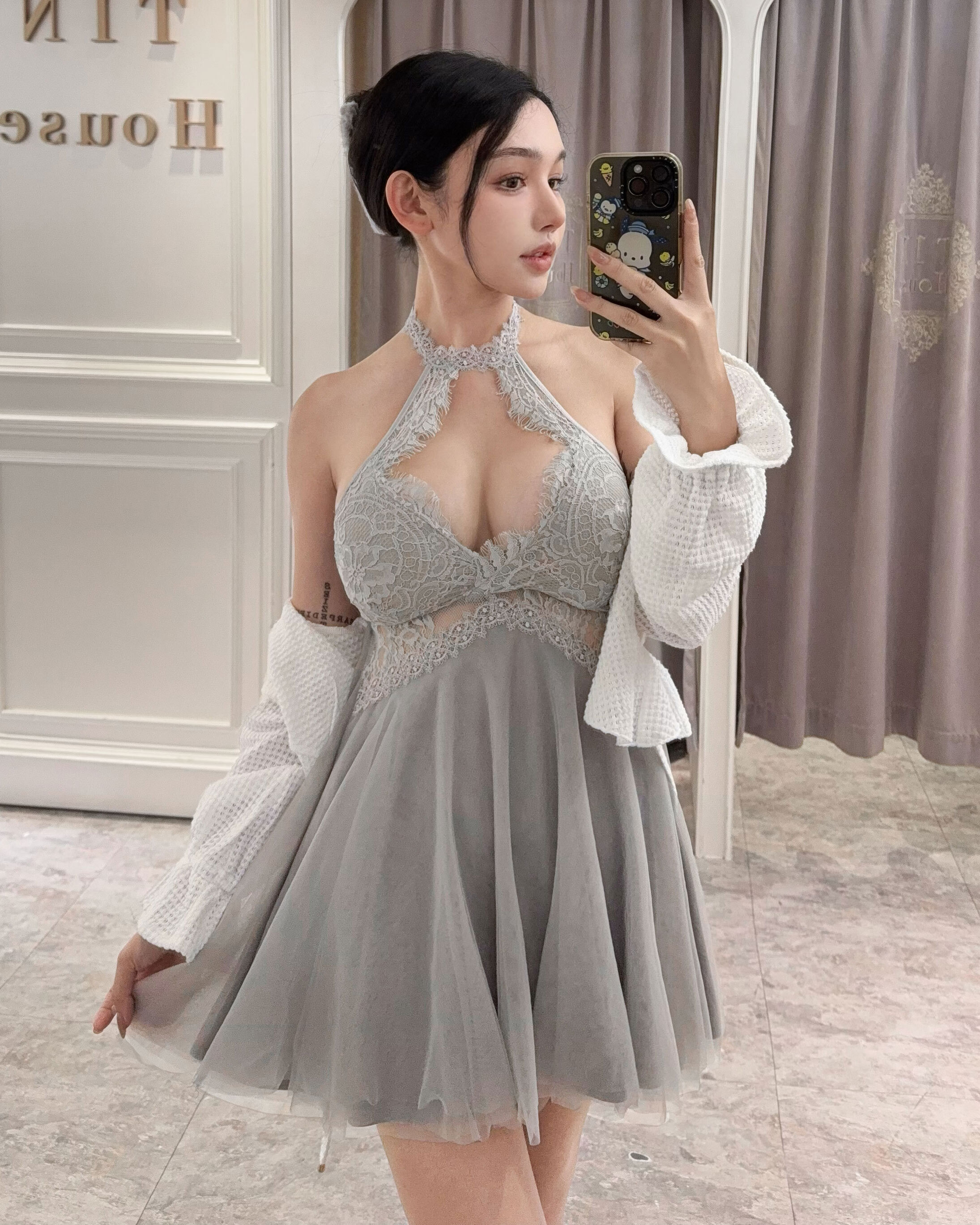 訂製-性感削肩蕾絲芭蕾傘洋