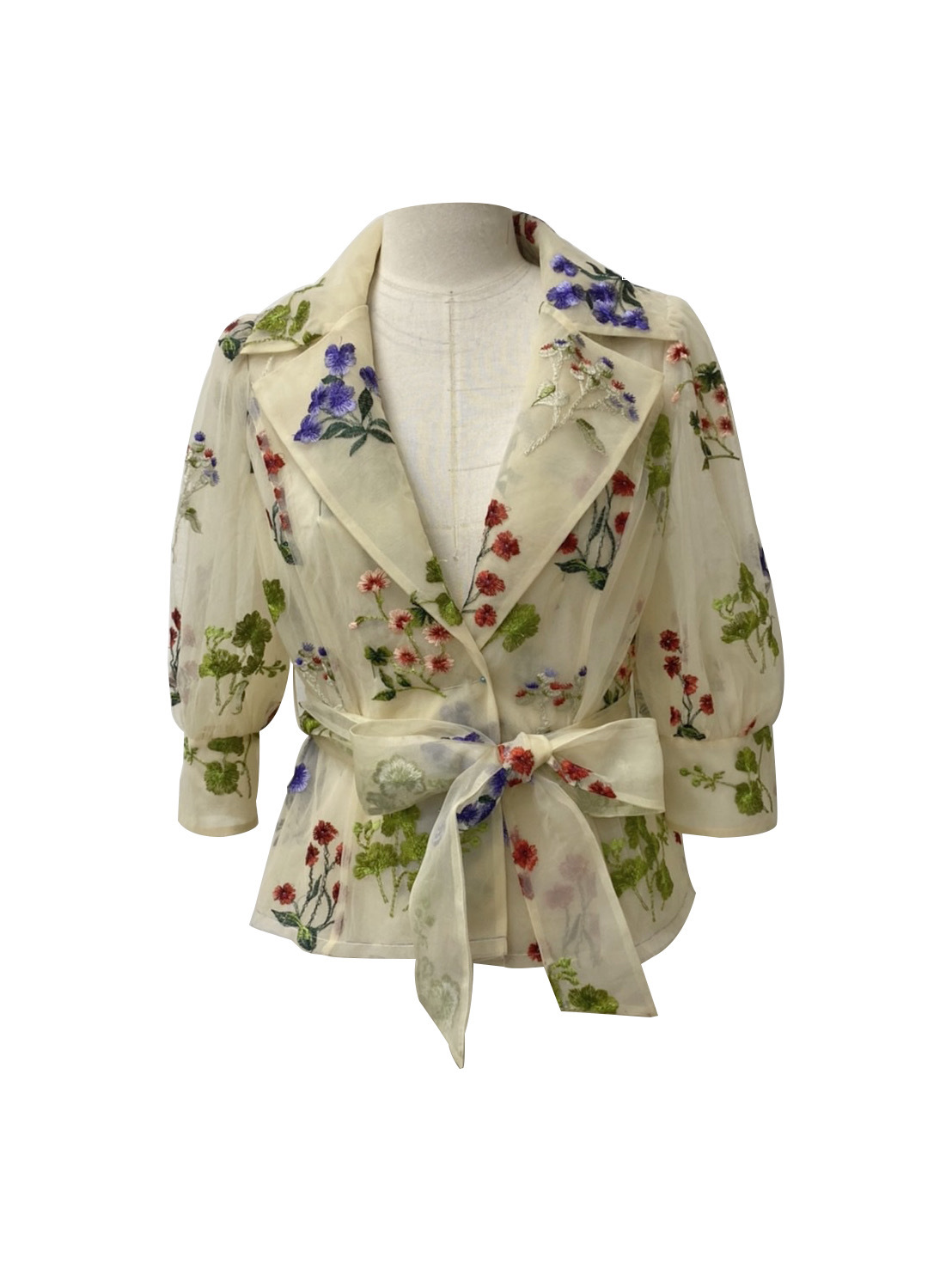 BC1EA055D1 異國花園植物系網刺繡V領荷葉外罩