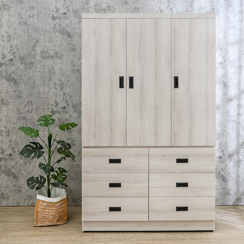 帕尼克4尺衣櫃三門六抽收納衣櫃(內附穿衣鏡)