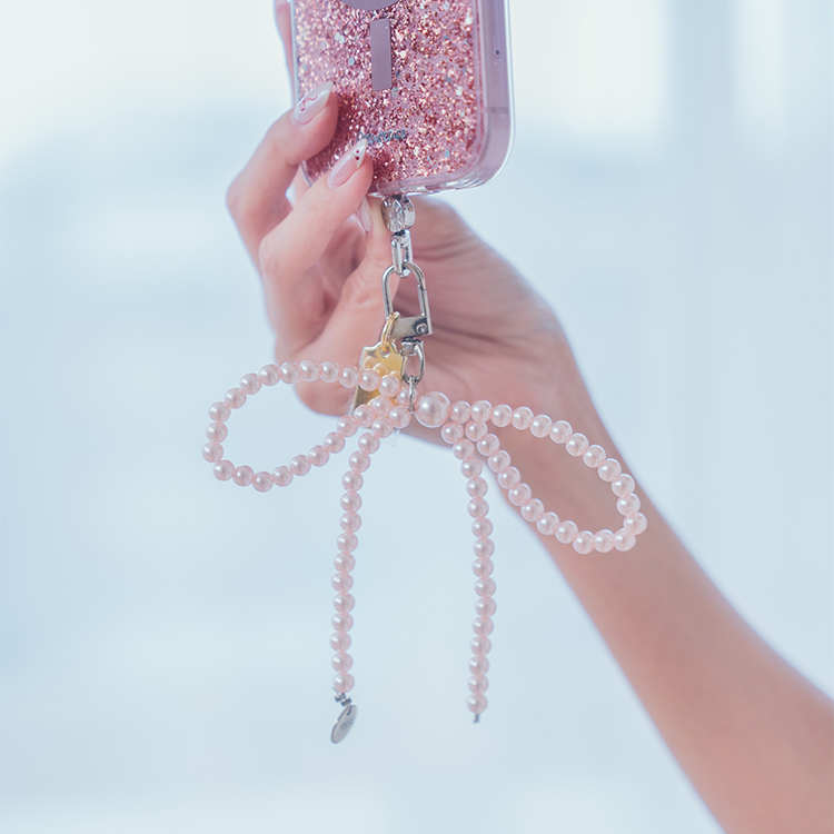 浪漫珍珠粉蝴蝶結 手機吊飾 串珠掛飾