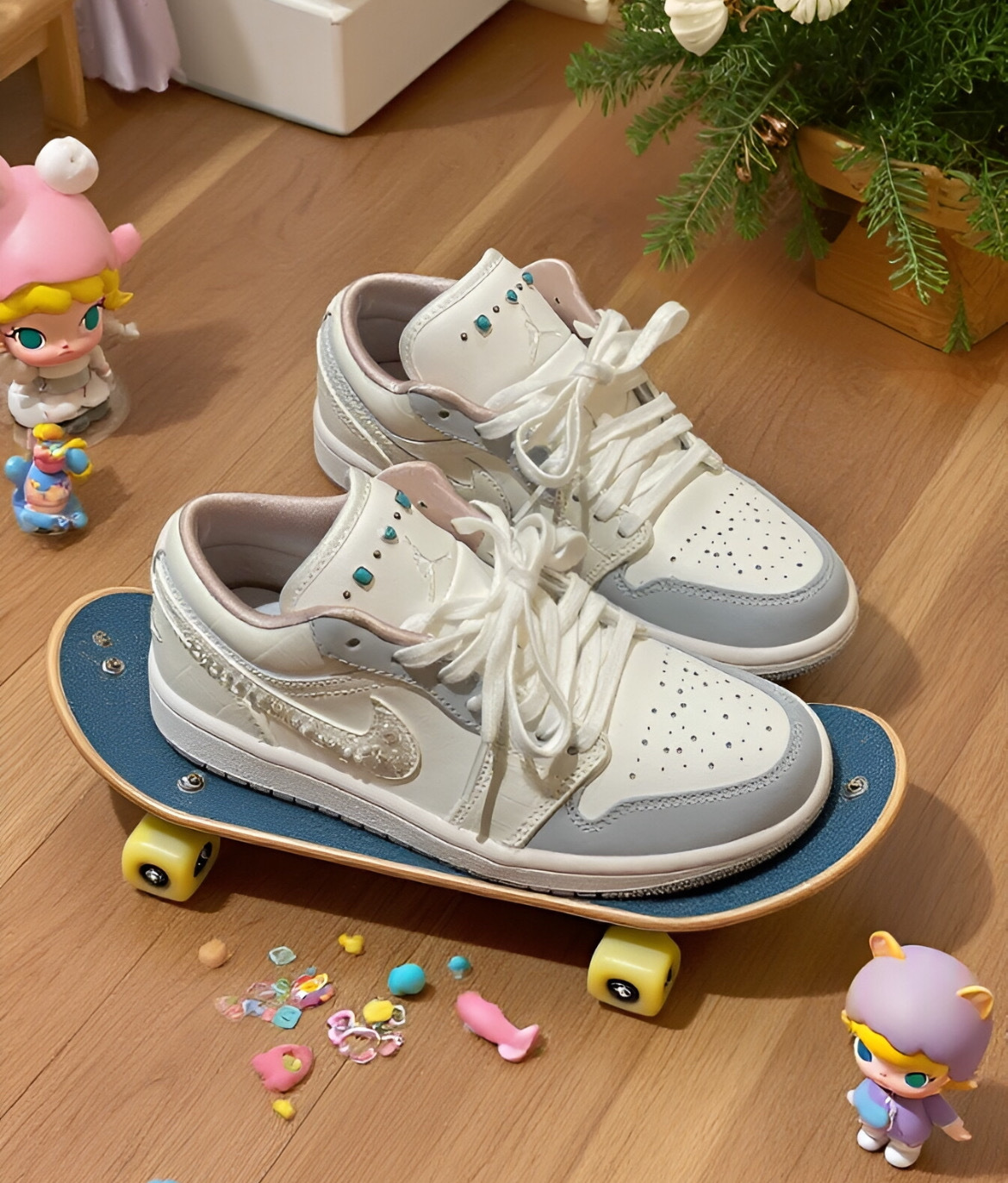 女鞋 NIKE W AIR JORDAN 1 LOW 奶油白灰 亮片 綠松石 皮革 休閒鞋【IH7323-100】AJ1