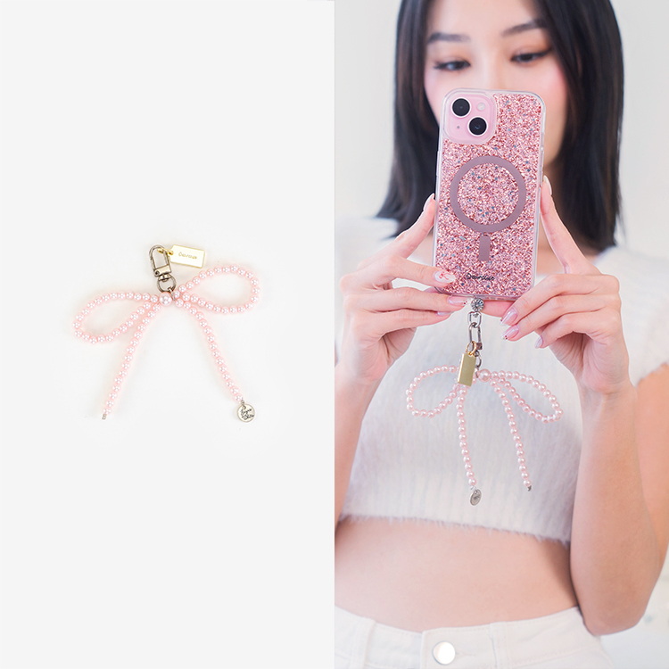 浪漫珍珠粉蝴蝶結 手機吊飾 串珠掛飾