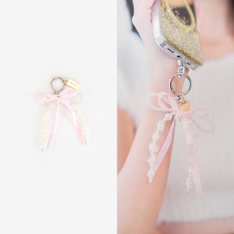芭蕾珍珠粉色緞帶蝴蝶結  手機吊飾 串珠掛飾
