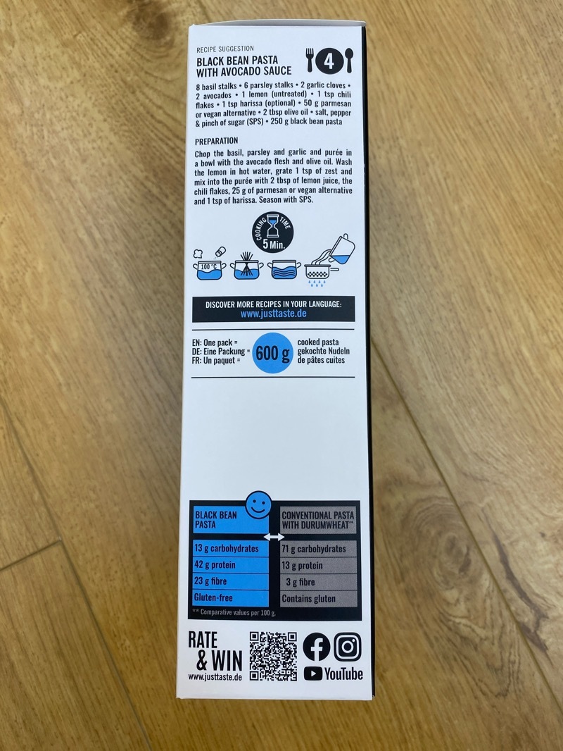 Just Taste organic black bean pasta 250g (best before 9 Oct 2028)