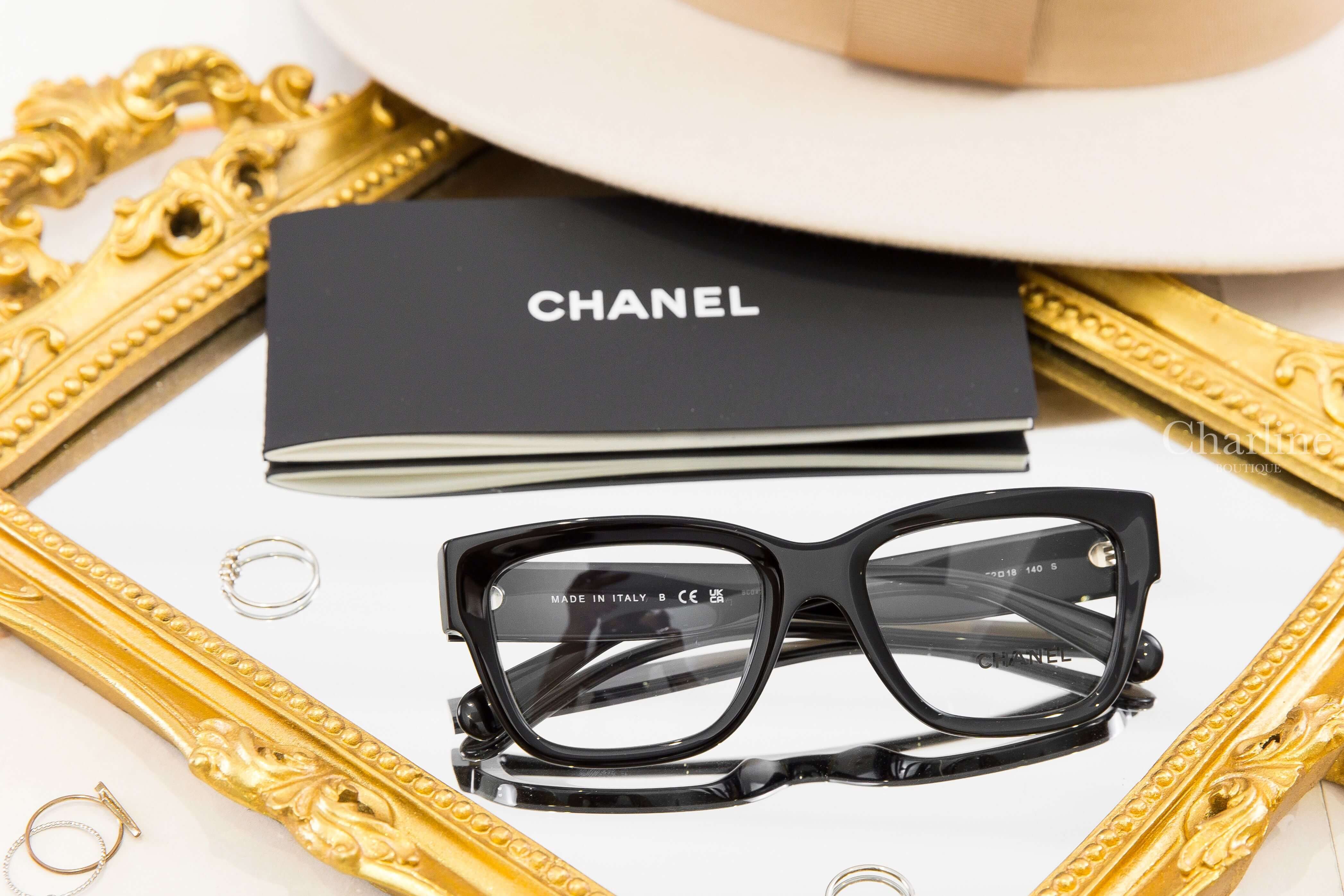 Chanel Rectangle Eyeglasses 黑色方框側邊圓形金色線條滾邊白CC平光眼鏡-Charline Boutique 精品代購