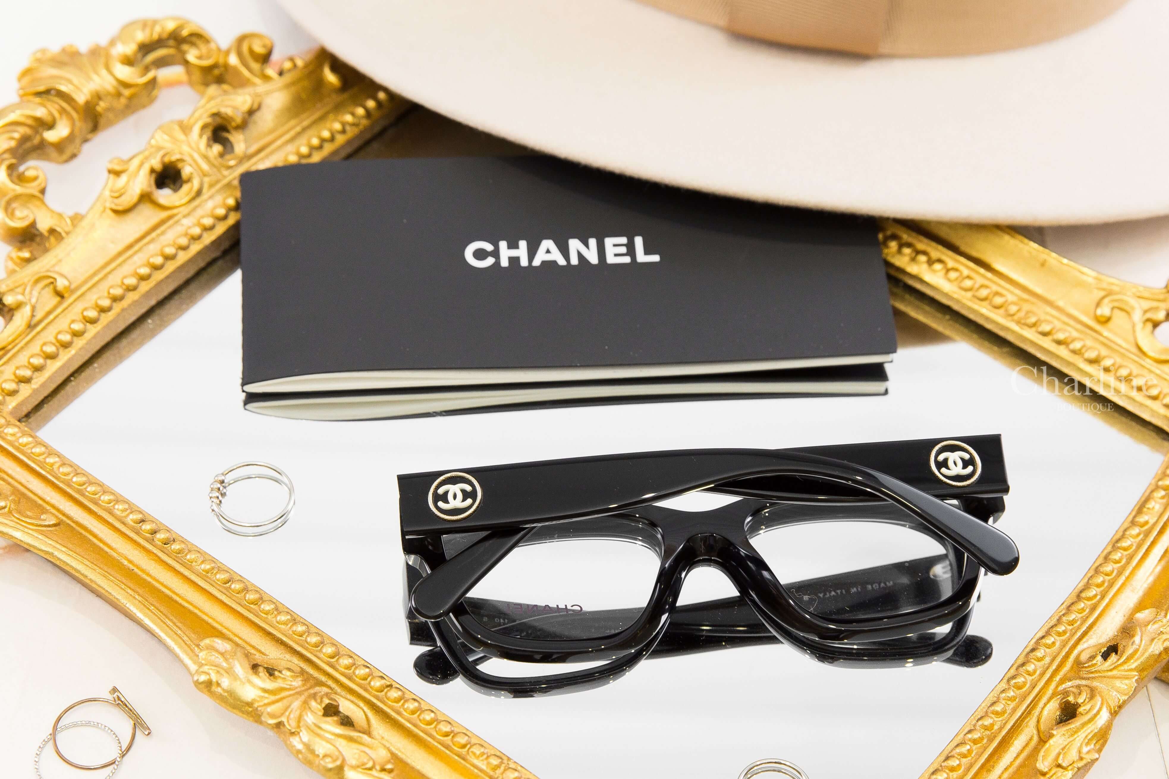 Chanel Rectangle Eyeglasses 黑色方框側邊圓形金色線條滾邊白CC平光眼鏡-Charline Boutique 精品代購