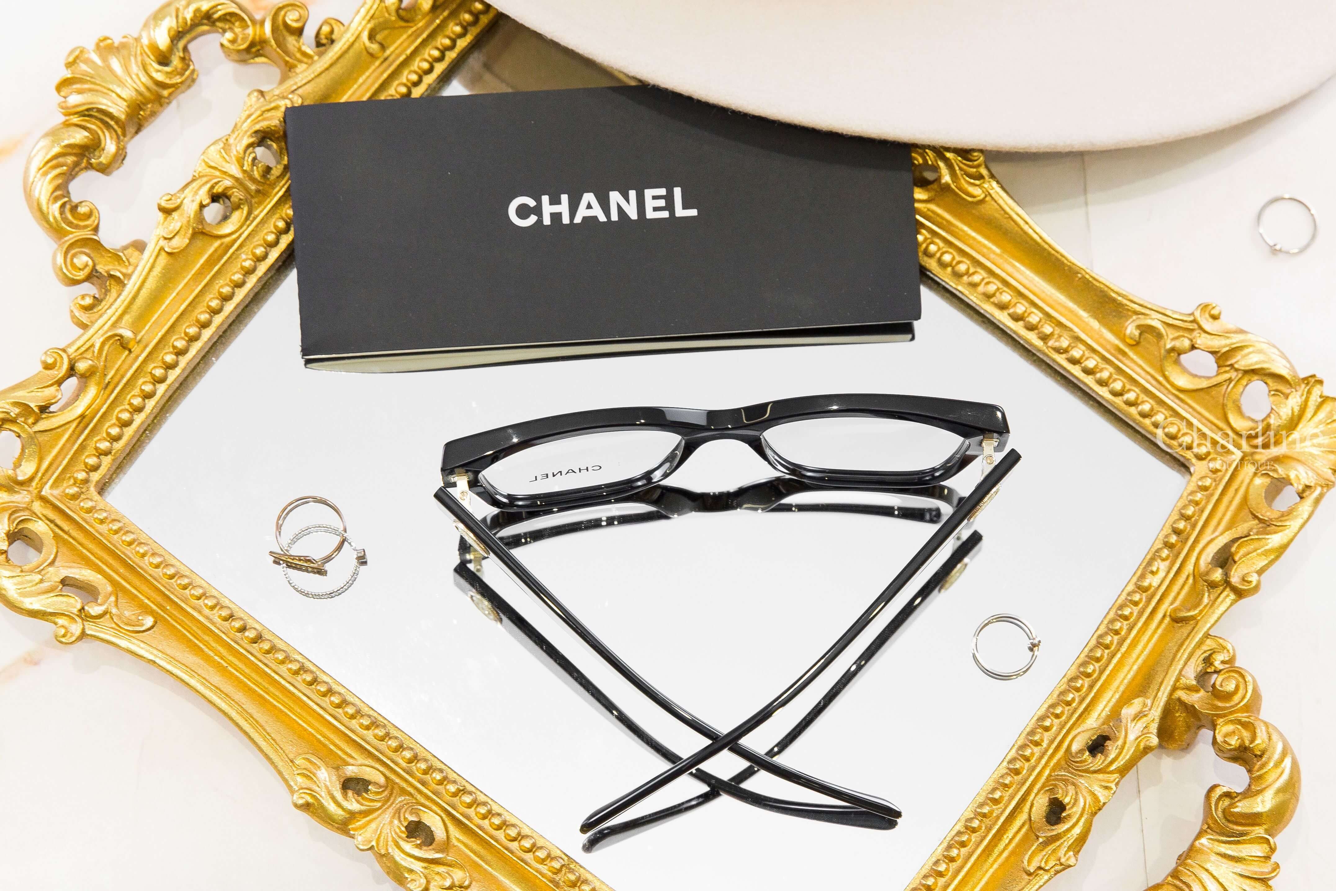 Chanel Rectangle Eyeglasses 黑色方框側邊圓形金色線條滾邊白CC平光眼鏡-Charline Boutique 精品代購