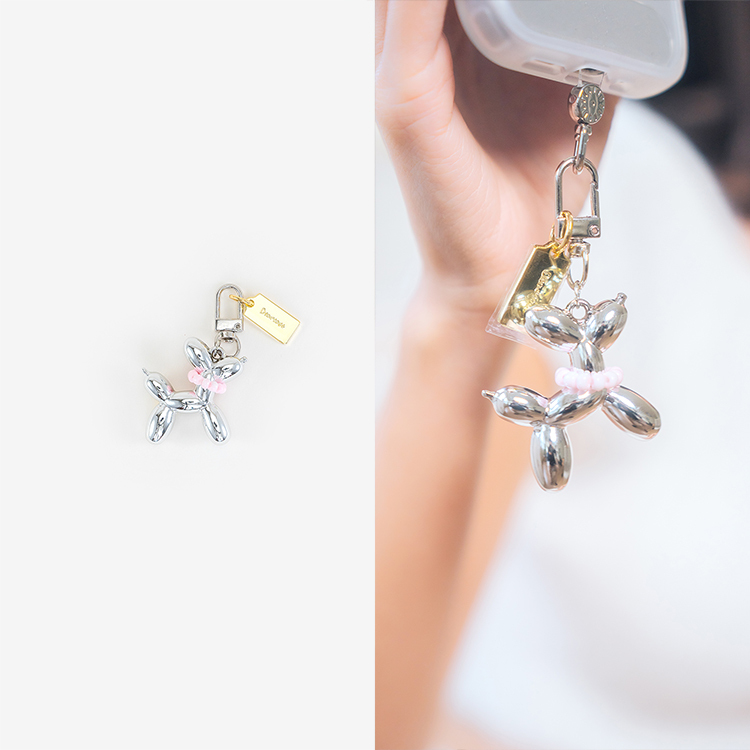 可愛氣球貴賓氣球狗 (太空銀) 手機吊飾 串珠掛飾 鑰匙圈