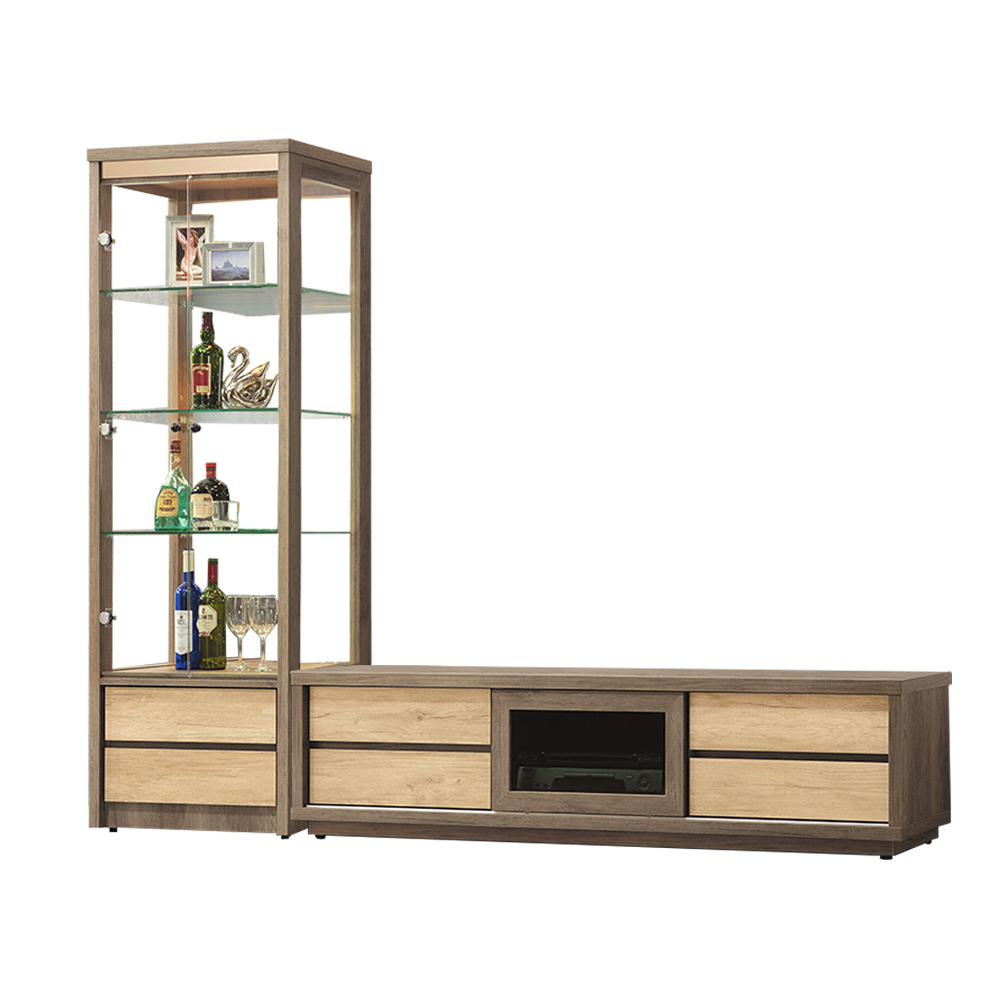 范奇8.1尺L型電視櫃組合(2尺玻璃展示櫃+5.9尺視聽長櫃)