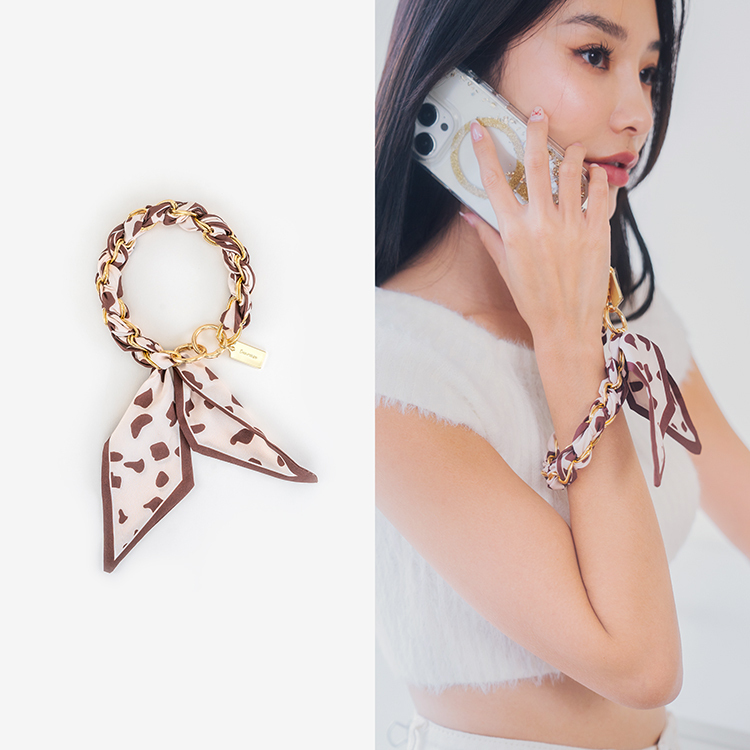 復古韓風絲巾鏈 (豹紋咖色) 絲巾手腕繩  手機鏈條 短掛繩