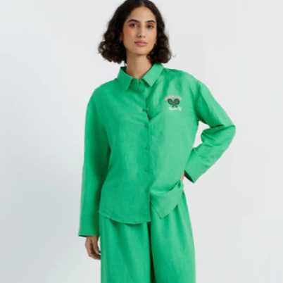 1CI0721-098 (Defect) CHINTI PARKER Green Linen-Cotton Peanuts Racquet Club Shirt #NSS2507A (C-EU-E)