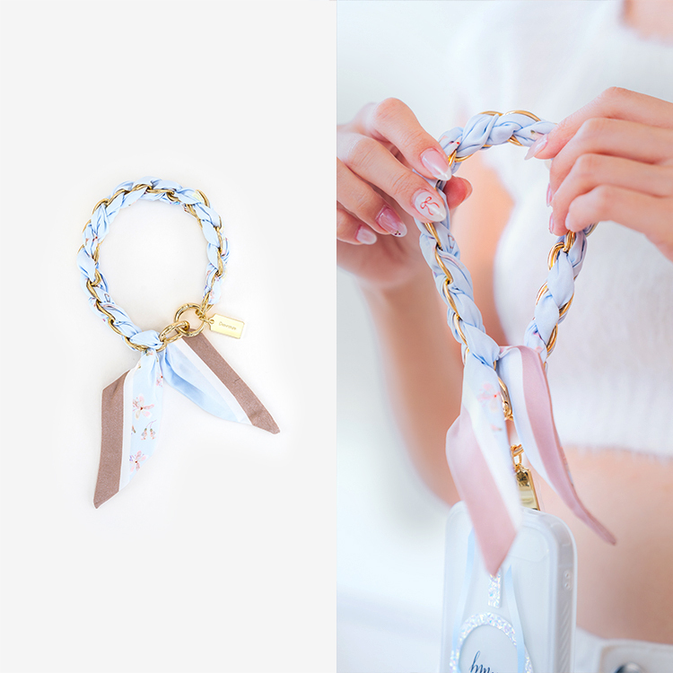 復古韓風絲巾鏈 (水藍色) 絲巾手腕繩  手機鏈條 短掛繩