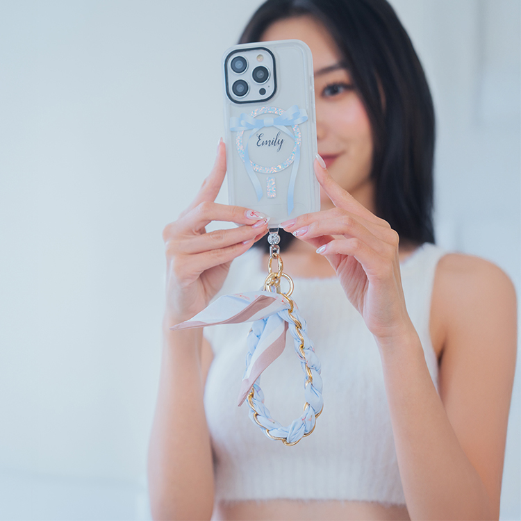 復古韓風絲巾鏈 (水藍色) 絲巾手腕繩  手機鏈條 短掛繩