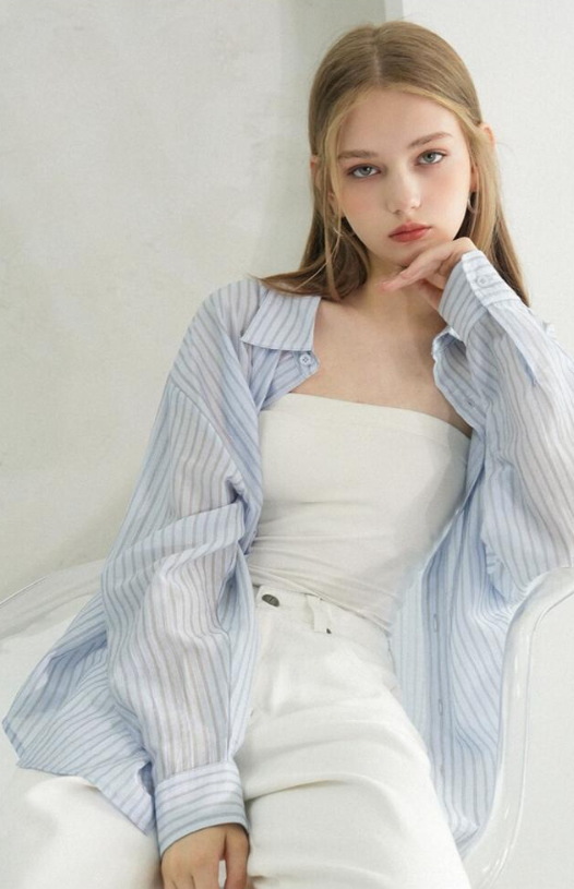 See-Through恤衫(直間粉藍色)