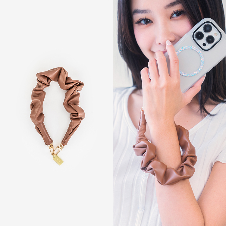 皺褶大腸圈圈 (棕咖色) 手腕繩 皮革短掛繩  手機掛繩