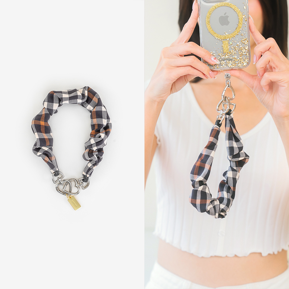 皺褶大腸圈圈 (復古格紋) 手腕繩 皮革短掛繩  手機掛繩