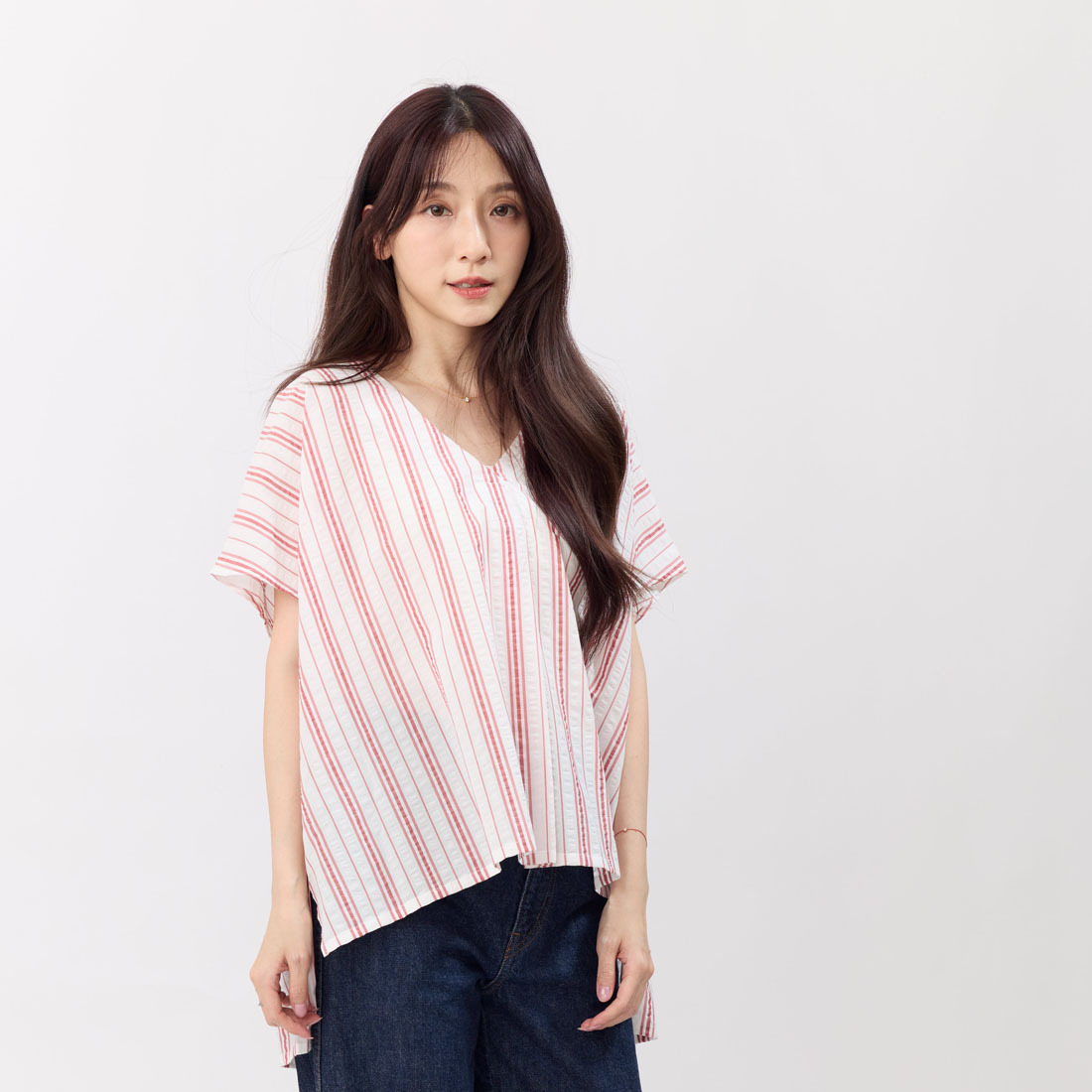 Vicky夏日V領棉質寬上衣/紅白條