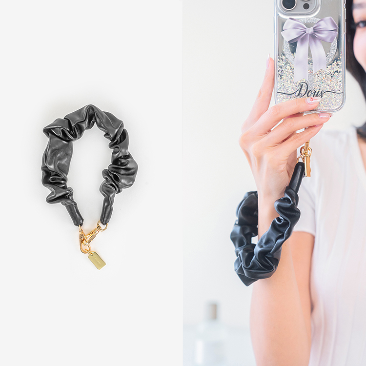 皺褶大腸圈圈 (黑色) 手腕繩 皮革短掛繩  手機掛繩