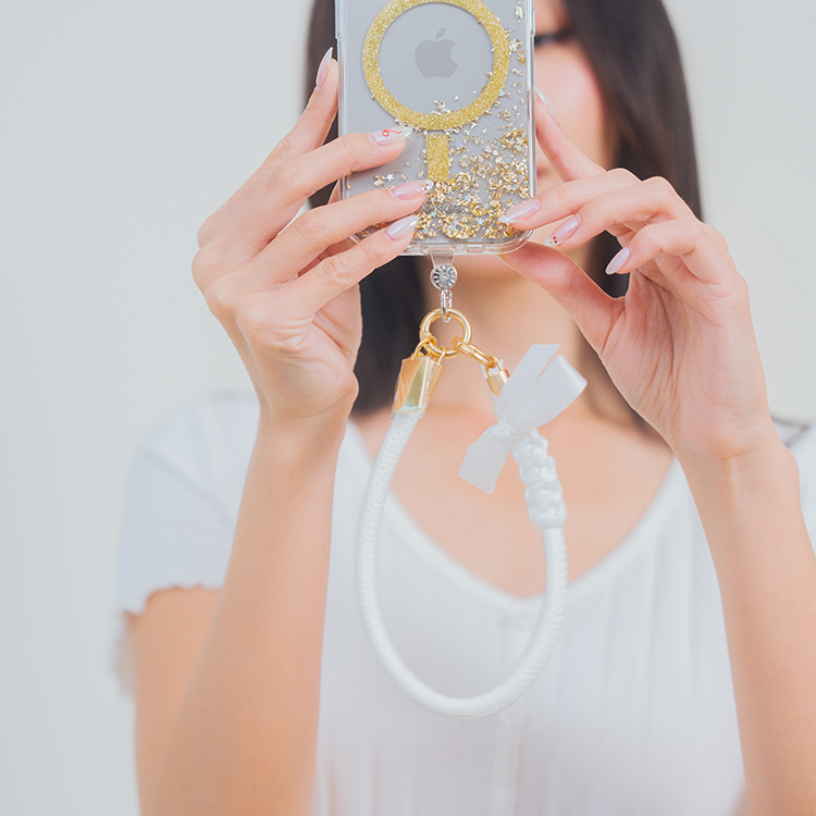 蝴蝶結緞帶皮革繩 (白) 皮革手腕繩 手機掛繩 短繩