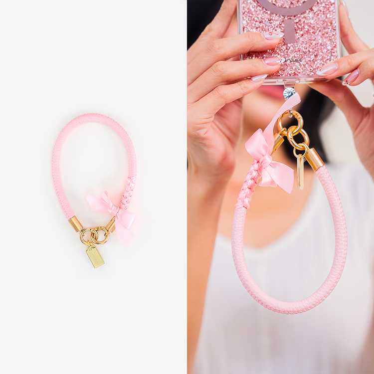 蝴蝶結緞帶皮革繩 (粉) 皮革手腕繩 手機掛繩 短掛繩