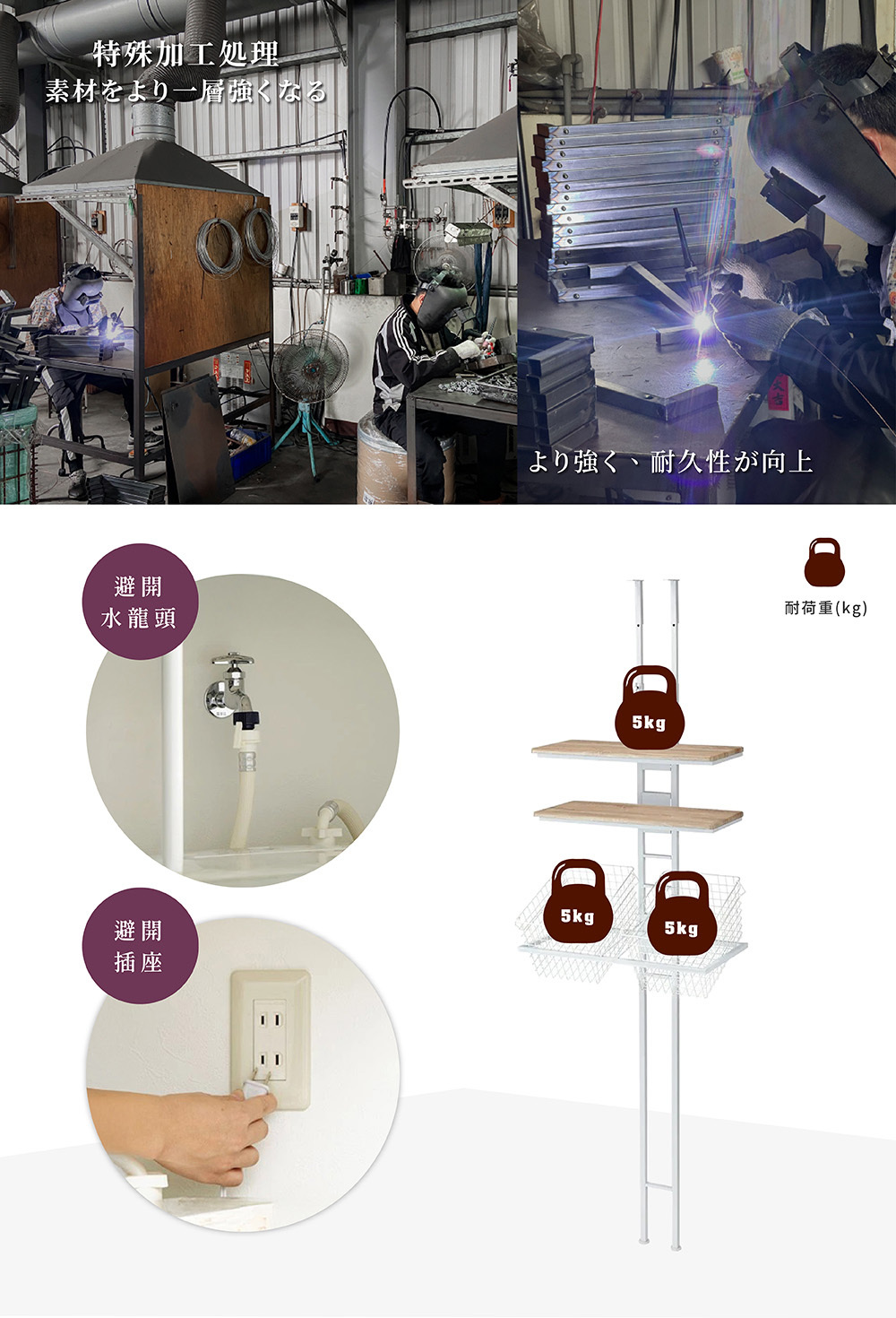 MIT台灣製Brooklyn Series頂天立地雙層附籃廚衛洗衣機壁面置物架 白色