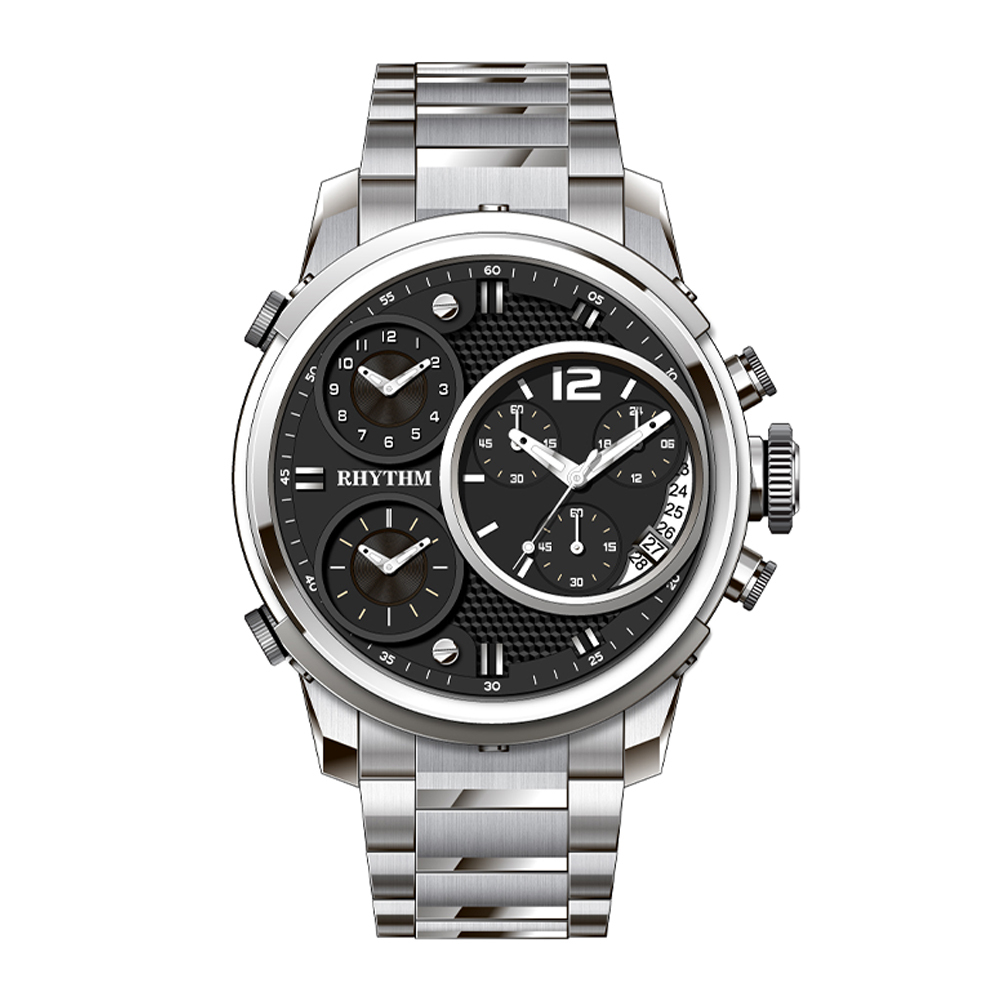 【Rhythm 麗聲】計時分秒帶日期真三眼三時區不鏽鋼錶帶手錶-I1502S-