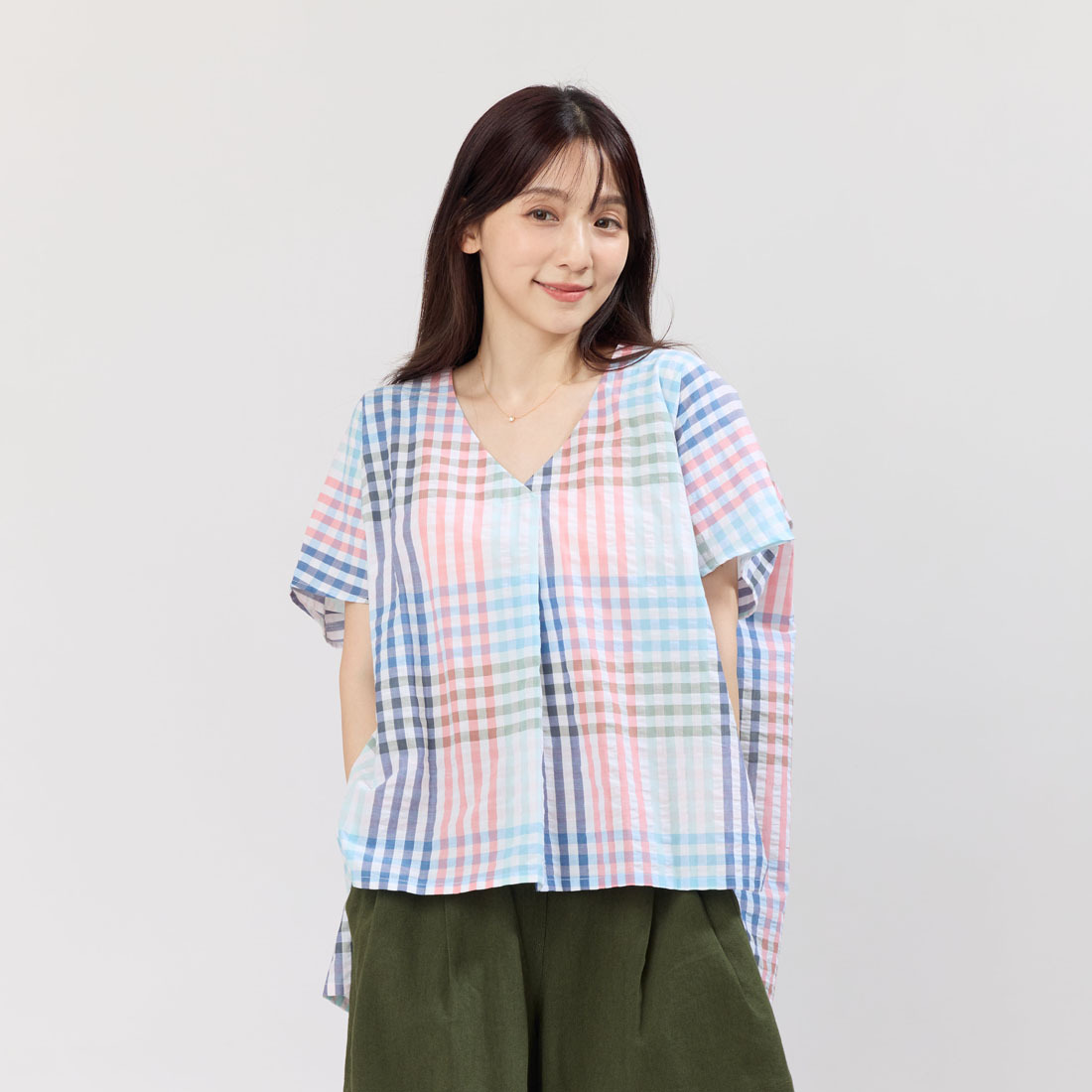 Vicky夏日V領棉質寬上衣/彩格
