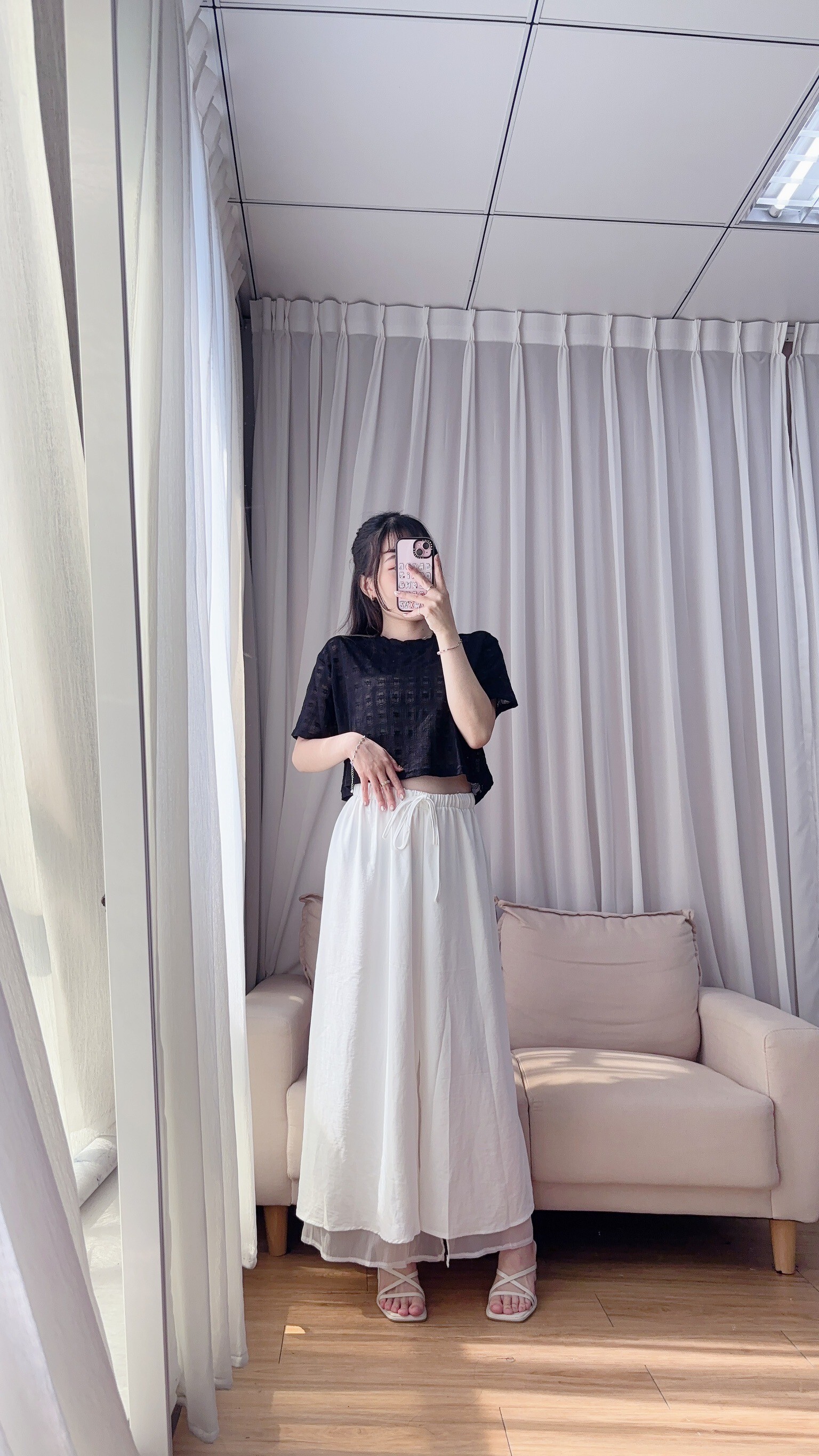 綁帶鬆緊腰雪紡長裙