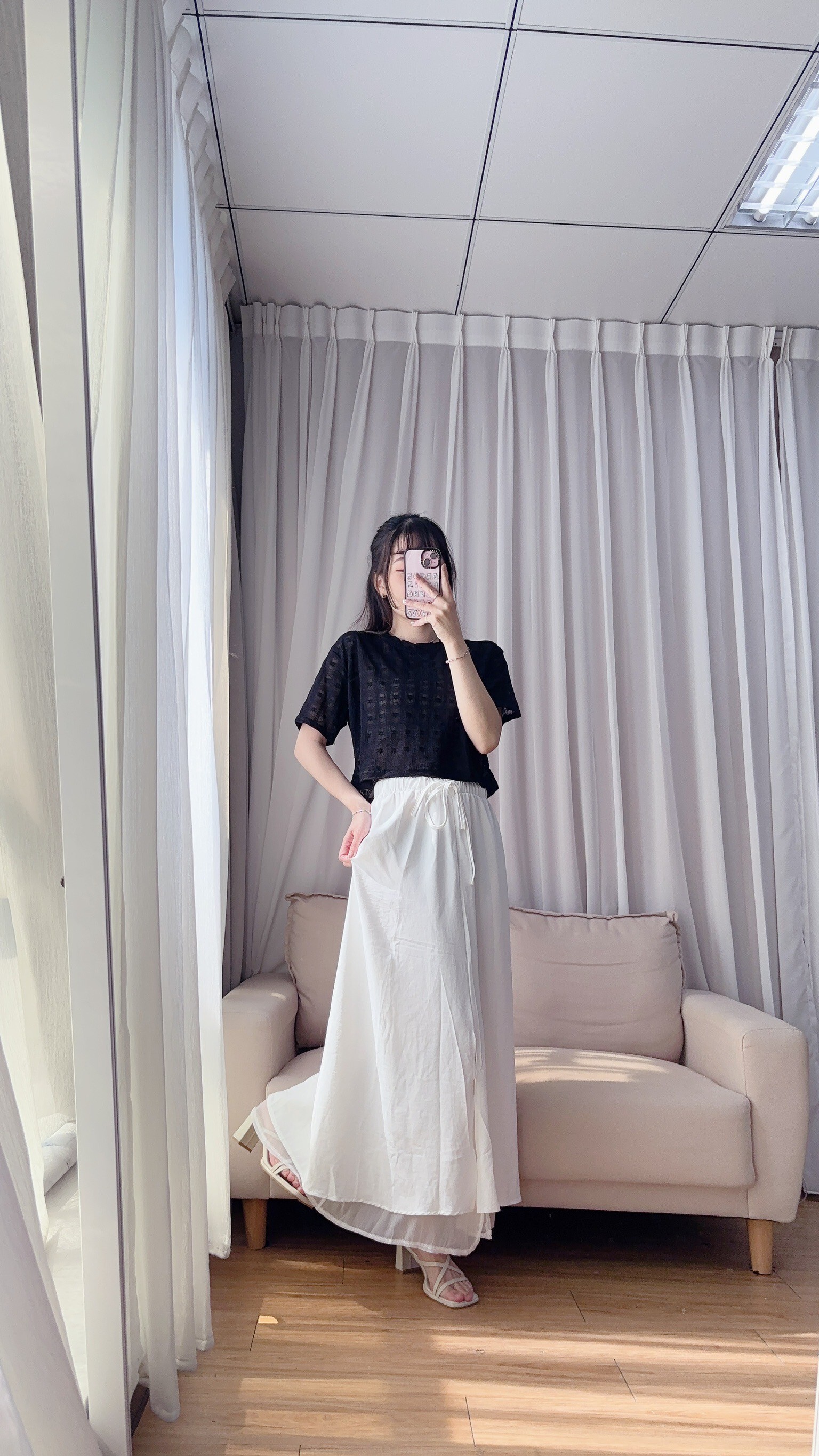 綁帶鬆緊腰雪紡長裙