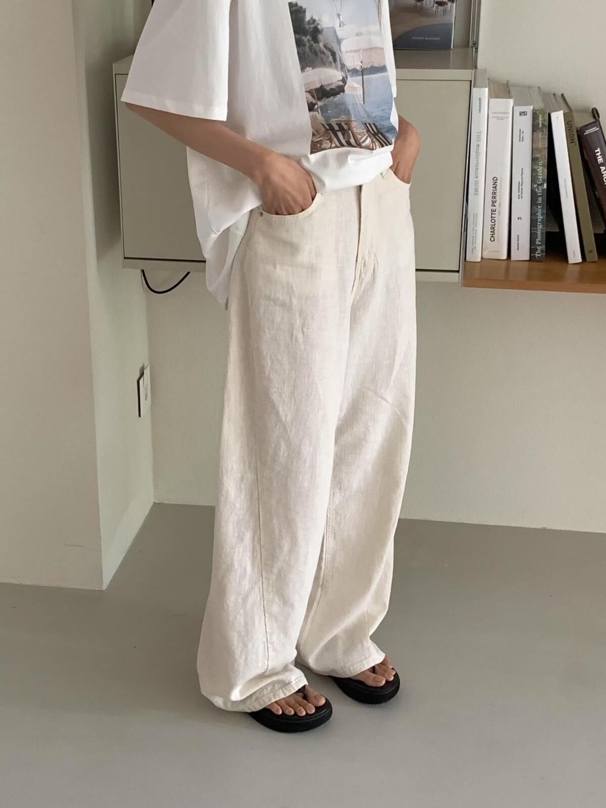 Linen twill wide leg pants