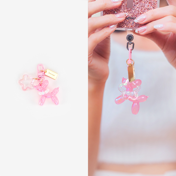 星星炫彩氣球狗 (透粉) 手機吊飾 串珠掛飾 鑰匙圈