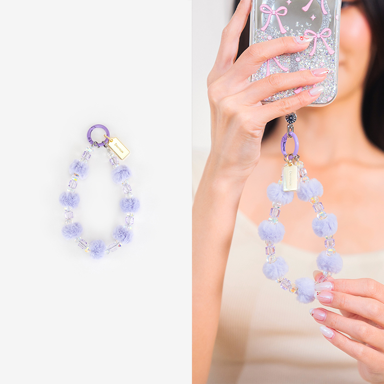 可愛絨毛小球 (薰衣草紫)  串珠手腕繩 短掛繩 串珠掛繩 手機掛繩 毛球 手機提鍊