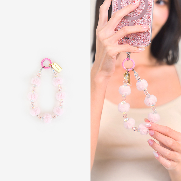 可愛絨毛小球 (嫩粉色)  串珠手腕繩 短掛繩 串珠掛繩 手機掛繩 毛球 手機提鍊