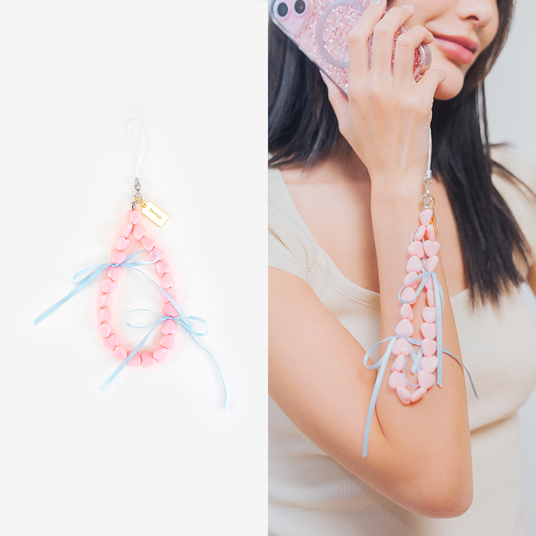 粉嫩愛心蝴蝶結緞帶 手機吊飾