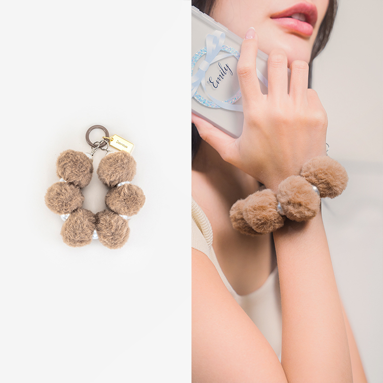 可愛絨毛球珍珠 (咖啡) 手腕繩 短掛繩 手機掛繩 毛球 手機提鍊