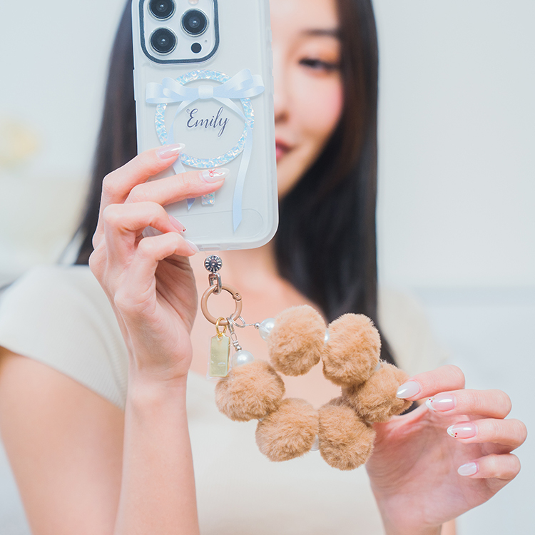 可愛絨毛球珍珠 (咖啡) 手腕繩 短掛繩 手機掛繩 毛球 手機提鍊