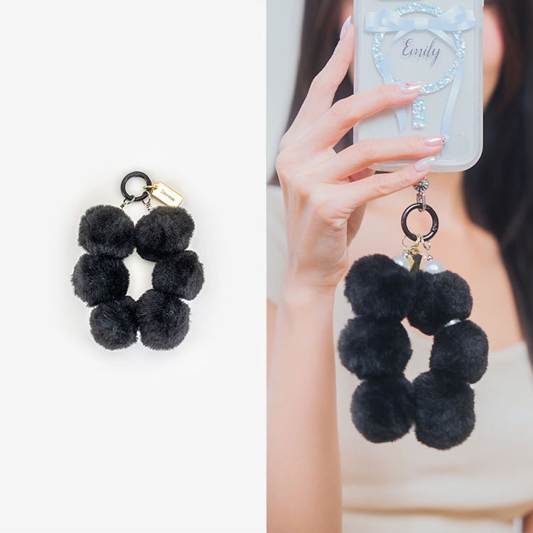 可愛絨毛球珍珠 (黑色) 手腕繩 短掛繩 手機掛繩 毛球 手機提鍊