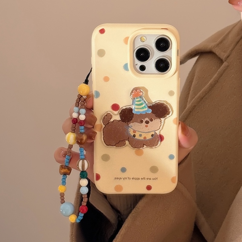 《07224》黃底彩點點狗狗手機殼(附掛繩)