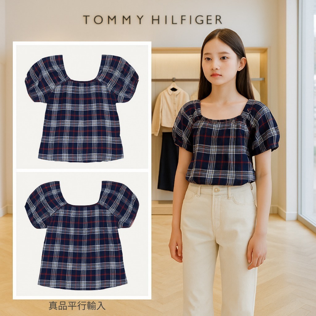 【預購】Tommy Hilfiger G072118 女童格紋泡泡袖上衣
