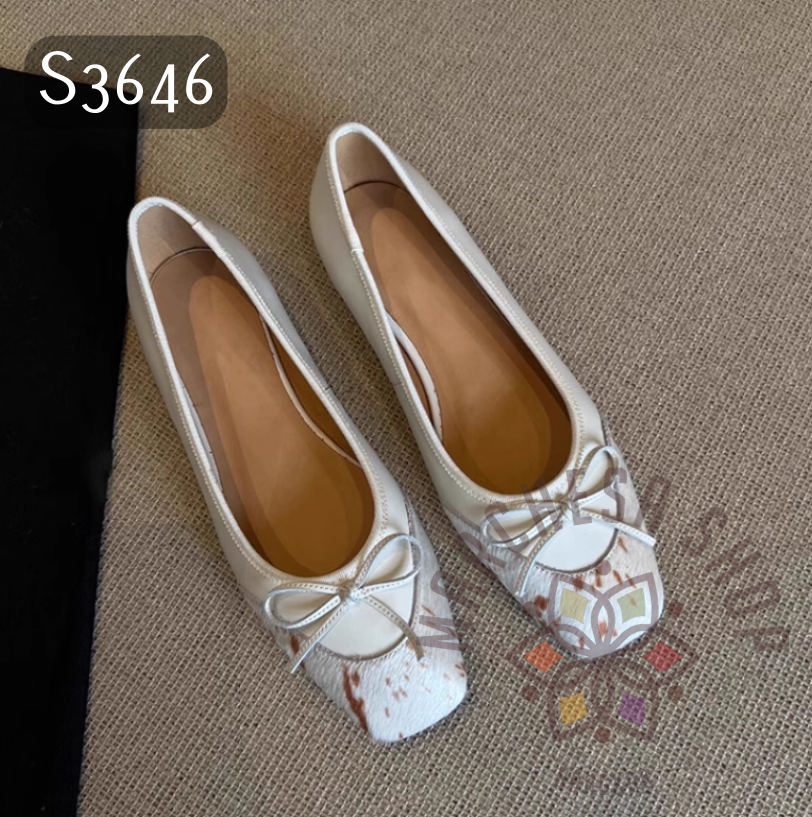 S3646 - 頭層羊皮拼馬毛方頭平底鞋