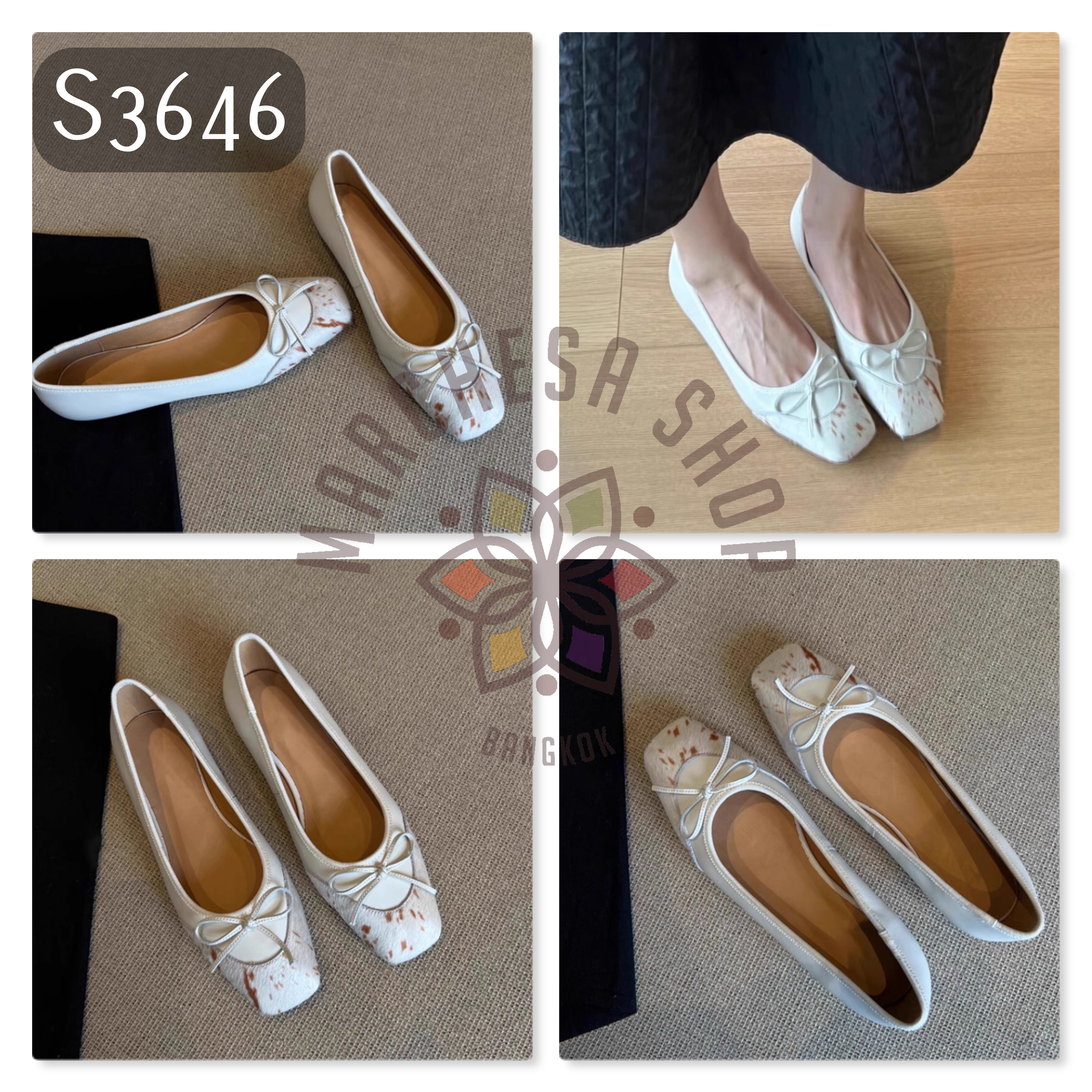 S3646 - 頭層羊皮拼馬毛方頭平底鞋