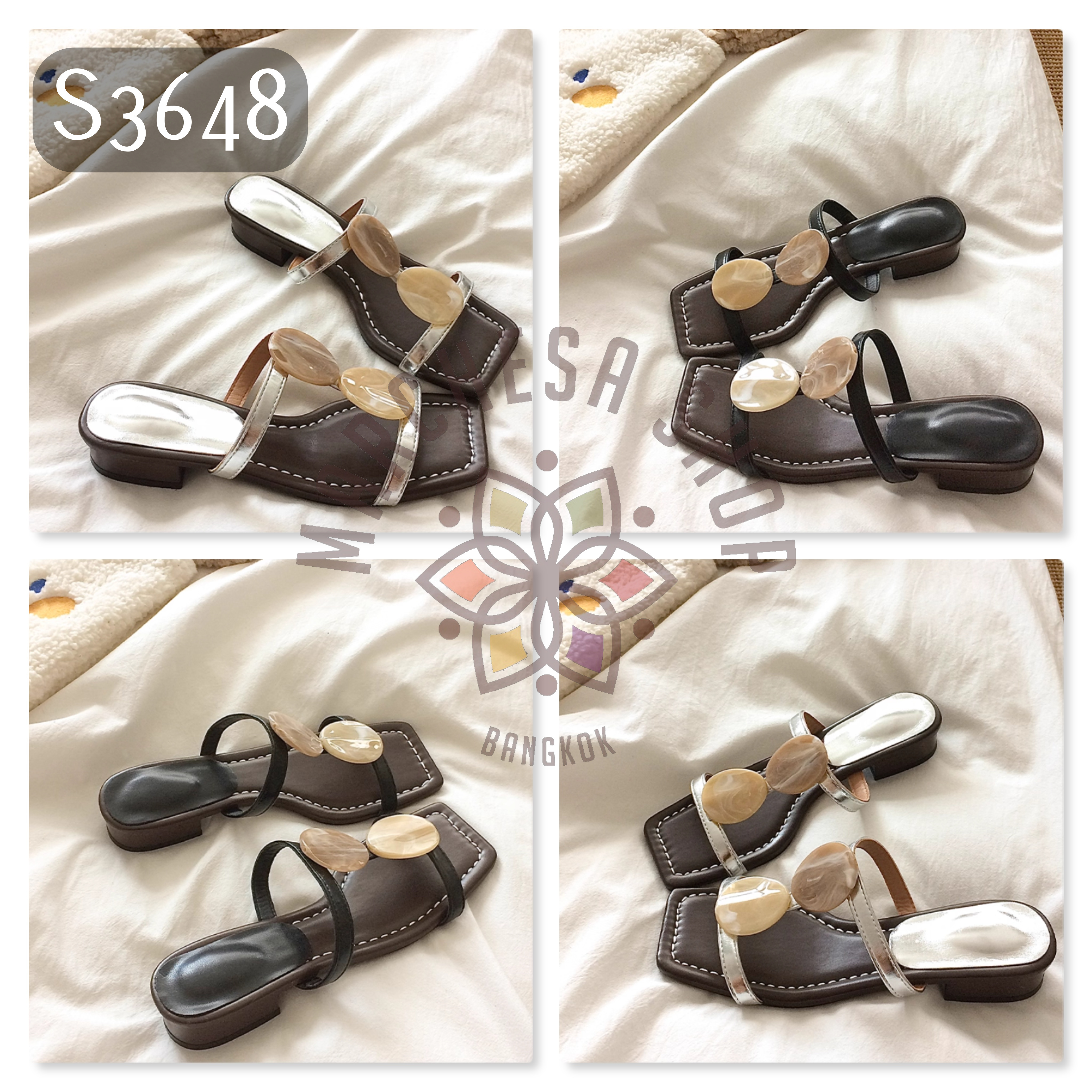 S3648 - 牛皮工字串珠高踭涼鞋