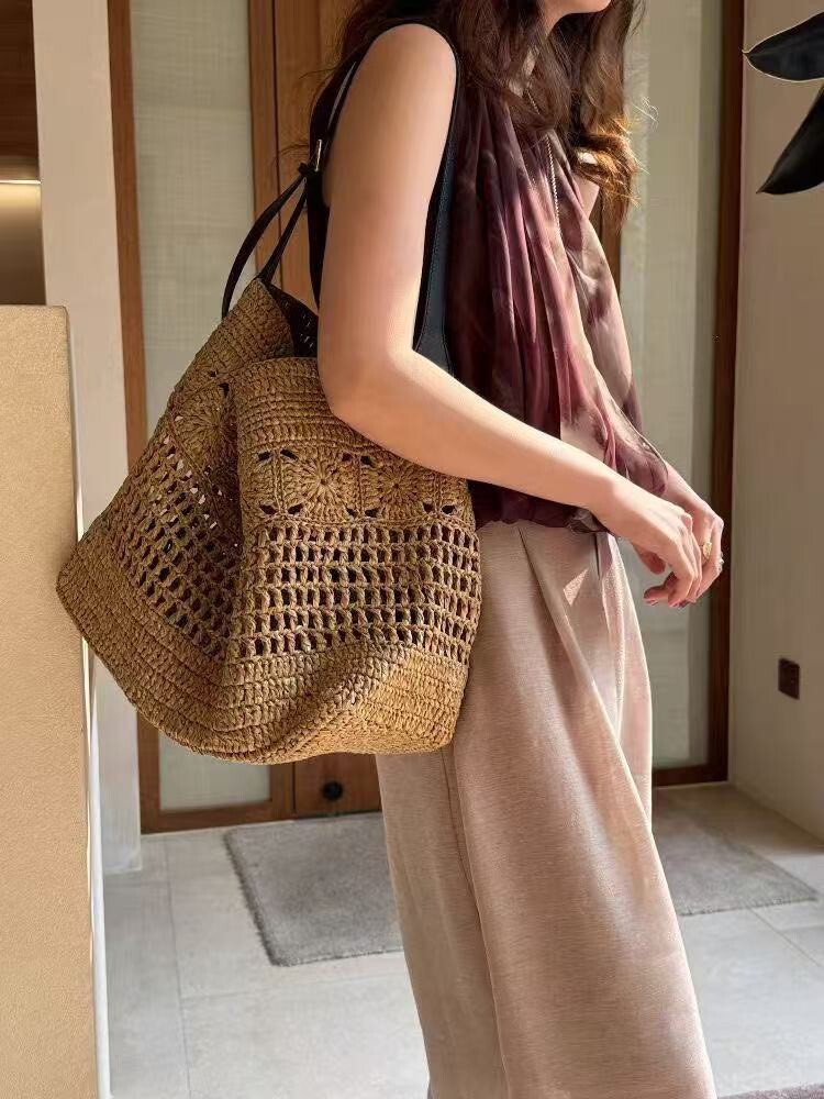 12809-春夏拉菲草拼皮托特包